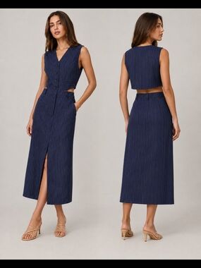 GREY LAB Vest Cutout Midi Dress Navy Pinstripe Tailored Anthropologie